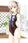  1girl absurdres black_hairband black_swimsuit blurry breasts brown_eyes competition_swimsuit cowboy_shot depth_of_field fence girls_und_panzer hairband head_tilt highres light_brown_hair long_hair looking_at_viewer one-piece_swimsuit one_side_up parted_lips plant potted_plant shimada_arisu small_breasts solo standing swimsuit takafumi 