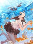 1girl air_bubble animal bangs bare_legs barefoot black_bow black_sailor_collar blue_eyes blue_hair blush bottle_miku bow breasts bubble closed_mouth diving fish goldfish hatsune_miku liby_(libtnvd) liquid_hair long_hair looking_at_viewer medium_breasts own_hands_together sailor_collar school_uniform see-through serafuku shirt short_sleeves solo twintails underwater very_long_hair vocaloid water wet wet_clothes wet_shirt white_shirt 