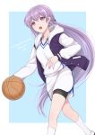  1girl absurdres bangs basketball basketball_uniform bike_shorts braid commission commissioner_upload fire_emblem fire_emblem_fates french_braid hairband highres long_hair open_mouth purple_hair shimizu_akina shirt shorts solo sophia_(fire_emblem) sportswear very_long_hair violet_eyes white_legwear white_shirt 