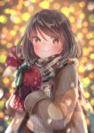  1girl absurdres arms_up bag bangs blurry blurry_background blush bokeh brown_coat brown_eyes brown_gloves brown_hair christmas christmas_lights coat commentary_request depth_of_field enpera eyebrows_visible_through_hair fumizuki_lily gift_bag gloves highres holding holding_bag looking_at_viewer open_clothes open_coat original plaid plaid_scarf ribbon scarf short_hair smile snowflake_print solo standing striped striped_ribbon sweater swept_bangs upper_body white_sweater 