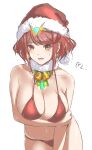  1girl arm_under_breasts bangs bell bell_choker bikini blush breasts choker commentary_request earrings eyebrows_visible_through_hair hat highres holding_own_arm jewelry large_breasts mitsugu navel open_mouth pyra_(xenoblade) red_bikini red_eyes redhead santa_hat short_hair swept_bangs swimsuit thighs tiara white_background xenoblade_chronicles_(series) xenoblade_chronicles_2 