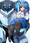  1girl absurdres animal_ears belly black_hair blue_eyes detached_sleeves extra_eyes eyebrows_visible_through_hair fat hands_together highres holding_person horns korean_commentary looking_at_viewer mecha mechanical_legs original short_eyebrows smile tajyador 
