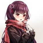  aratake blush eyebrows_visible_through_hair girls_frontline gloves hair_ribbon looking_at_viewer one_side_up purple_hair red_eyes red_neckwear red_ribbon red_scarf ribbon scarf wa2000_(girls_frontline) white_gloves 