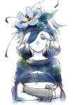  1girl black_cape black_headband blue_eyes bracer cape crossed_arms en_(tenentan) eyepatch flamie_speeddraw flower headband looking_at_viewer pale_skin rokka_no_yuusha short_hair simple_background solo upper_body white_background white_hair 