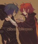  2boys adlet_myer black_cape blush brown_background cape cloak closed_eyes en_(tenentan) gradient_hair hair_between_eyes halloween hands_on_hips hans_humpty holding holding_knife hood knife long_hair long_sleeves looking_at_another multicolored_hair multiple_boys orange_hair pointy_ears profile redhead rokka_no_yuusha smile very_long_hair 