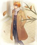  1boy anmochi autumn_leaves beige_scarf belt black_pants brown_jacket from_above hands_in_pockets highres holostars jacket leaf leaves_in_wind looking_to_the_side male_focus multicolored_hair orange_hair pants purple_hair scarf solo streaked_hair vest violet_eyes virtual_youtuber walking yukoku_roberu 