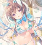  1girl :d animal_ears blue_bow bow bowtie bra breasts brown_hair capelet cowboy_shot extra_ears fur_trim hair_bow hood long_hair looking_at_viewer medium_breasts miwabe_sakura navel open_mouth original panties rabbit_ears side-tie_panties sidelocks skindentation smile solo star_(symbol) stomach string_panties underwear violet_eyes white_bra white_panties 