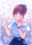  1girl alcohol blue_shirt blue_skirt blurry blurry_background blush brown_eyes brown_hair champagne champagne_flute cup drinking_glass flower frilled_shirt_collar frills holding holding_cup long_hair looking_at_viewer nagidango nail_polish open_mouth original shirt skirt smile solo tied_hair watch 