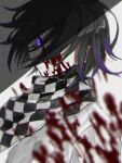  1boy bangs black_hair blood blood_on_face blood_splatter checkered checkered_neckwear checkered_scarf closed_mouth dangan_ronpa_(series) dangan_ronpa_v3:_killing_harmony gradient_hair hair_between_eyes hair_over_one_eye joh_pierrot male_focus multicolored_hair ouma_kokichi purple_hair scarf simple_background solo straitjacket upper_body violet_eyes 