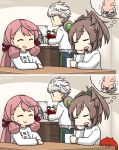  abyssal_ship akashi_(kantai_collection) alternate_costume blue_pants blunt_tresses braid brown_eyes brown_hair closed_eyes clothes_writing commentary_request dated enemy_lifebuoy_(kantai_collection) hair_ribbon hamu_koutarou highres kantai_collection long_hair open_mouth pants pink_hair ponytail ribbon sheffield_(kantai_collection) silver_hair single_braid spot_the_differences sweater table track_pants tress_ribbon unryuu_(kantai_collection) very_long_hair white_sweater 