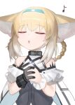  1girl animal_ear_fluff animal_ears arknights bangs bare_shoulders black_gloves blonde_hair blue_hairband blush braid chestnut_mouth closed_eyes commentary_request dokomon eighth_note eyebrows_visible_through_hair facing_viewer fox_ears gloves gradient_hair hair_between_eyes hair_rings hairband hands_clasped hands_up highres korean_commentary multicolored_hair music musical_note own_hands_together parted_lips shirt sidelocks simple_background singing single_glove single_wrist_cuff solo suzuran_(arknights) twin_braids upper_body white_background white_hair white_shirt wrist_cuffs 