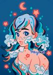  +_+ 1girl artist_name bare_back blue_background blue_eyes constellation crescent freckles from_behind gradient gradient_background long_sleeves looking_at_viewer looking_back meyoco multicolored_hair off_shoulder original parted_lips smile solo star_(symbol) streaked_hair upper_body 