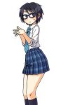  1girl black_eyes black_hair blue-framed_eyewear fingers_together glasses maruput necktie original plaid plaid_skirt pleated_skirt school_uniform short_hair skirt solo sweatdrop white_background 