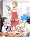  1girl 2boys apron bacon bags_under_eyes baguette beard blue_eyes blue_hair body_markings bottle bow braid bread bread_slice breakfast broccoli brown_hair buster_shirt butter butter_knife cereal cereal_box cheese child_drawing cup doll_joints drinking egg eyebrows_behind_hair facial_hair fate_(series) food fork fried_egg fruit frying_pan glasses hair_bow hair_ornament hairclip hans_christian_andersen_(fate) hat hat_removed hat_ribbon headwear_removed holding holding_food holding_frying_pan jam jar joints milk milk_bottle mug multiple_boys mushroom mustache newspaper nonockha notebook nursery_rhyme_(fate/extra) orange_juice pitcher placemat plate pocket ribbon sausage semi-rimless_eyewear sitting sleeves_rolled_up standing steam strawberry syrup toast tomato tray violet_eyes white_hair william_shakespeare_(fate) 