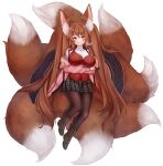  1girl animal_ear_fluff animal_ears black_skirt blush boots breasts brown_footwear brown_hair brown_legwear closed_mouth commentary crossed_arms dated english_commentary fluffy fox_ears fox_tail full_body green_eyes highres jacket large_breasts long_hair long_sleeves looking_at_viewer miniskirt multiple_tails off_shoulder original pantyhose pink_jacket plushmallow red_vest shirt signature simple_background skirt smile solo tail temachii twintails very_long_hair vest white_background white_shirt 