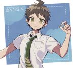  1boy ahoge bangs breast_pocket brown_eyes brown_hair closed_mouth collared_shirt commentary_request copyright_name dangan_ronpa_(series) dangan_ronpa_2:_goodbye_despair frown green_neckwear hand_up highres hinata_hajime looking_at_viewer male_focus necktie pocket shirt short_hair short_sleeves solo symbol_commentary takagiri twitter_username upper_body white_shirt 