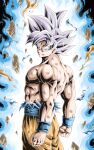  1boy abs arms_at_sides aura clenched_hands commentary_request dark_background dirty dirty_clothes dirty_face dragon_ball dragon_ball_super expressionless floating_rock frown grey_eyes highres looking_at_viewer male_focus muscular orange_pants pants pectorals rock serious shirt shirtless silver_hair simple_background son_goku spiky_hair standing torn_clothes torn_shirt ultra_instinct upper_body wristband youngjijii 