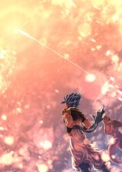  2boys arms_at_sides back-to-back baggy_pants bangs blue_hair blurry bokeh clenched_hands clothes_lift clouds cloudy_sky crossed_arms depth_of_field dragon_ball dragon_ball_super dragon_ball_super_broly dutch_angle evening facing_away feet_out_of_frame frieza from_behind gogeta golden_frieza gradient gradient_background grey_sky lens_flare looking_up male_focus mattari_illust metamoran_vest multiple_boys negative_space orange_sky outdoors pants profile shooting_star sky smile spiky_hair standing sun sunlight super_saiyan super_saiyan_blue tail twitter_username white_pants wide_shot wind wind_lift yellow_sky 