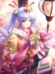  1girl absurdres angel_beats! bangs closed_mouth eyebrows_visible_through_hair fan goto_p hair_between_eyes hair_ornament highres hina_ningyou holding holding_fan japanese_clothes kimono long_hair pink_kimono shiny shiny_hair silver_hair sitting smile solo tachibana_kanade twintails very_long_hair yellow_eyes 