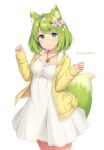  1girl animal_ear_fluff animal_ears blush bob_cut closed_mouth cowboy_shot daisy dress flower fox_ears fox_tail green_eyes green_fox_(sasaame) green_hair hair_flower hair_ornament hands_up head_wreath heart heart_necklace jacket legs_together long_sleeves looking_at_viewer medium_hair open_clothes open_jacket original pink_flower purple_flower sasaame signature simple_background smile solo symbol_commentary tail twitter_username white_background white_dress white_flower yellow_flower yellow_jacket 