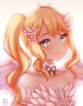  1girl angel_wings bare_shoulders blonde_hair blush closed_mouth commentary english_commentary feathered_wings flower-shaped_pupils green_eyes hair_ornament hanami_arisa head_tilt highres indie_virtual_youtuber long_hair looking_at_viewer neck_ribbon one_side_up ribbon signature simple_background smile solo symbol-shaped_pupils temachii upper_body white_background white_wings wings 