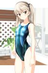  1girl absurdres aqua_swimsuit black_hairband blurry breasts brown_eyes competition_swimsuit cowboy_shot depth_of_field fence girls_und_panzer hairband head_tilt highres light_brown_hair long_hair looking_at_viewer one-piece_swimsuit one_side_up parted_lips plant potted_plant shimada_arisu small_breasts solo standing swimsuit takafumi 