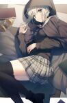  add_(lord_el-melloi_ii) ankle_boots aqua_eyes birdcage black_cape black_footwear black_legwear black_shirt blush book boots breasts cage cape creature fate_(series) feet_out_of_frame fur-trimmed_cape fur_trim gray_(lord_el-melloi_ii) grey_skirt highres hood hooded_cape kuro_futoshi long_sleeves looking_at_viewer lord_el-melloi_ii_case_files lying miniskirt on_side parted_lips plaid plaid_skirt pleated_skirt shirt short_hair silver_hair skirt small_breasts thigh-highs zettai_ryouiki 