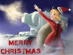  1girl artist_request blonde_hair blush breasts caterpillar_tracks christmas dated english_commentary english_text gift_bag ground_vehicle hat kv-2 merry_christmas military military_vehicle motor_vehicle night night_sky one_eye_closed original red_eyes short_hair sky snow snowing solo tank 
