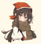  1girl blush brown_hair eip_(pepai) girls_frontline head_scarf long_hair looking_at_viewer puffy_sleeves red_eyes ribbon scarf shirt simple_background smile solo white_shirt zvi_falcon_(girls_frontline) 