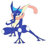  brown_eyes commentary creature english_commentary fighting_stance full_body gen_6_pokemon greninja no_humans pinkgermy pokemon pokemon_(creature) simple_background solo standing tongue tongue_out tongue_scarf white_background 
