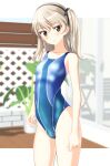  1girl absurdres black_hairband blue_swimsuit blurry breasts brown_eyes competition_swimsuit cowboy_shot depth_of_field fence girls_und_panzer hairband head_tilt highres light_brown_hair long_hair looking_at_viewer one-piece_swimsuit one_side_up parted_lips plant potted_plant shimada_arisu small_breasts solo standing swimsuit takafumi 