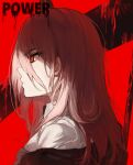  1girl absurdres bangs chainsaw_man character_name closed_mouth eyebrows_visible_through_hair from_side hair_between_eyes highres huge_filesize kanniiepan long_hair pink_hair portrait power_(chainsaw_man) red_background red_eyes shirt solo white_shirt 