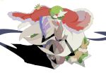  1girl aegislash apios1 arm_around_shoulder bangs bare_shoulders black_sclera bob_cut cape closed_mouth colored_skin commentary crown dress eevee elbow_gloves flat_chest flower from_above from_behind fur-trimmed_cape fur_trim gardevoir gen_1_pokemon gen_3_pokemon gen_6_pokemon gloves green_hair hair_over_one_eye hand_up highres lying mega_gardevoir mega_pokemon moss on_stomach one-eyed pawpads pokemon pokemon_(creature) red_cape red_eyes red_flower shield short_hair simple_background strapless strapless_dress sweat sword violet_eyes weapon white_background white_dress white_gloves white_skin yellow_headwear 