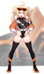  1girl ahoge black_legwear blonde_hair blue_eyes commentary dev elf fang fur_trim goggles goggles_on_head hands_on_hips highres jacket leotard lowleg lowleg_panties original panties pointy_ears racequeen skin_fang skindentation solo thigh-highs twintails underwear 