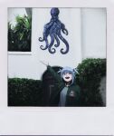  1girl absurdres alternate_costume blue_eyes blue_hair blush bush gawr_gura green_jacket highres hololive hololive_english jacket letterman_jacket looking_at_viewer octopus open_hand open_mouth polaroid sharp_teeth solo teeth tree vincent_wu virtual_youtuber 