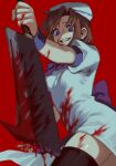  1girl beret blood blood_on_face blood_on_leg bloody_clothes bloody_hands bloody_weapon blue_eyes bow clenched_teeth commentary dress evil_smile feet_out_of_frame from_below hat hatchet highres higurashi_no_naku_koro_ni looking_at_viewer noriuma nose_hatchet orange_hair puffy_short_sleeves puffy_sleeves purple_bow red_background ryuuguu_rena short_hair short_sleeves simple_background smile solo teeth thigh-highs weapon white_dress white_headwear wrist_cuffs yandere zettai_ryouiki 
