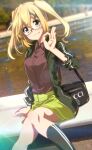  1girl akatsuki_kirika alternate_hairstyle bag blonde_hair blush breasts dutch_angle glasses green_eyes green_jacket gucci hair_ornament highres jacket looking_at_viewer medium_breasts ok_sign open_clothes open_jacket outdoors senki_zesshou_symphogear shiny shiny_hair shiny_skin shoulder_bag sitting skirt solo tanashi_(mk2) twintails water x_hair_ornament 