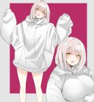  1girl bangs blush bottomless breasts fangs green_eyes highres hood hood_down hoodie jacket large_breasts long_sleeves nekoume open_mouth original oversized_clothes pink_hair short_hair simple_background sleeves_past_wrists two-tone_background 