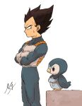  1boy armor black_eyes black_hair bodystocking chima_po001 closed_mouth commentary_request crossed_arms crossover dragon_ball dragon_ball_z facing_away feet_out_of_frame from_side frown gen_4_pokemon gloves height_difference looking_afar looking_at_viewer looking_down looking_to_the_side male_focus muscular o_o piplup pokemon pokemon_(creature) profile serious signature simple_background spiky_hair standing sweatdrop vegeta white_background white_gloves 