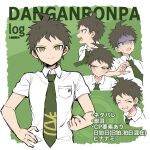  1boy ahoge angry bangs blush border breast_pocket brown_hair closed_eyes closed_mouth collared_shirt commentary_request copyright_name dangan_ronpa_(series) dangan_ronpa_2:_goodbye_despair green_background green_eyes green_neckwear hand_on_hip highres hinata_hajime looking_at_viewer male_focus multiple_views necktie open_mouth pocket profile shaded_face shirt short_hair smile sweat takagiri upper_body white_border white_shirt 