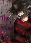  1boy a_nightmare_on_elm_street bangs black_headwear black_sweater blood blood_on_face bloody_clothes brown_eyes claws commentary_request cosplay dangan_ronpa_(series) dangan_ronpa_2:_goodbye_despair dead_by_daylight doggye_(zginrwsn) freddy_krueger freddy_krueger_(cosplay) gloves hair_between_eyes hat highres long_sleeves looking_at_viewer male_focus medium_hair red_sweater single_glove solo striped striped_sweater sweater 