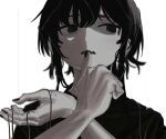  1other ?? androgynous atkm2 biting black_eyes black_hair black_shirt colored_skin d: fang finger_biting grey_skin hands_up holding male_focus open_mouth original shirt short_hair skin_fang solo 