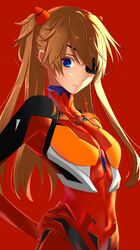  1girl absurdres bangs blue_eyes bodysuit breasts brown_hair closed_mouth covered_navel eyepatch hair_between_eyes hand_on_hip headgear highres long_hair looking_at_viewer marumai neon_genesis_evangelion plugsuit rebuild_of_evangelion red_background red_bodysuit shikinami_asuka_langley shiny shiny_hair simple_background skin_tight small_breasts solo souryuu_asuka_langley standing swept_bangs turtleneck twintails upper_body very_long_hair 