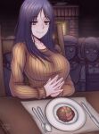  2020 black_hair blush breasts chainsaw_man closed_mouth commentary english_commentary eve_(pixiv25240695) eyelashes food fork hair_ribbon hat highres horror_(theme) huge_breasts indoors knife long_hair long_sleeves looking_at_viewer mole mole_under_eye mole_under_mouth multiple_moles plate ribbon santa_claus_(chainsaw_man) short_hair signature smile solo_focus spoon sweater table tagme 