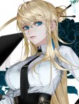  1girl blonde_hair blue_eyes chignon dolphin_5098 dungeon_and_fighter earrings glasses highres jewelry necktie shirt white_shirt 