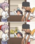  3girls abyssal_ship alternate_costume antenna_hair aoba_(kantai_collection) bag baguette bangs black_hair black_headwear bread brown_hair closed_eyes dark_skin dated enemy_lifebuoy_(kantai_collection) eyebrows_visible_through_hair food hair_ornament hair_ribbon hair_scrunchie hairclip hamu_koutarou highres kantai_collection long_hair low_twintails multiple_girls open_mouth pants papakha pink_hair ponytail ribbon scirocco_(kantai_collection) scrunchie short_twintails signature spot_the_differences sweater tashkent_(kantai_collection) track_pants twintails white_sweater 