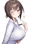  1girl ameyame bangs blush breasts brown_eyes brown_hair closed_mouth girls_und_panzer heart highres large_breasts looking_at_viewer nishizumi_maho one_eye_closed shirt short_hair simple_background smile striped striped_shirt white_background white_shirt 