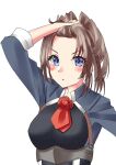  1girl ascot blue_eyes brown_hair flower holding holding_hair kantai_collection long_hair looking_at_viewer mayura2002 military military_uniform ponytail red_flower red_neckwear red_rose rose sheffield_(kantai_collection) simple_background solo uniform upper_body white_background 