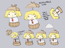  1girl blonde_hair chibi commentary deerstalker english_commentary english_text hat highres hololive hololive_english mini_necktie plaid salt salt_shaker simple_background skirt smile walfie watson_amelia 