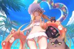  1girl abigail_williams_(fate/grand_order) abigail_williams_(swimsuit_foreigner)_(fate) bikini blonde_hair blue_eyes blue_sky bonnet cat closed_mouth clouds commentary_request day fate/grand_order fate_(series) frilled_bikini frills hand_on_hip long_hair looking_at_viewer navel ocean outdoors palm_tree sky smile stomach swimsuit tenshin_kagehisa tree white_bikini 